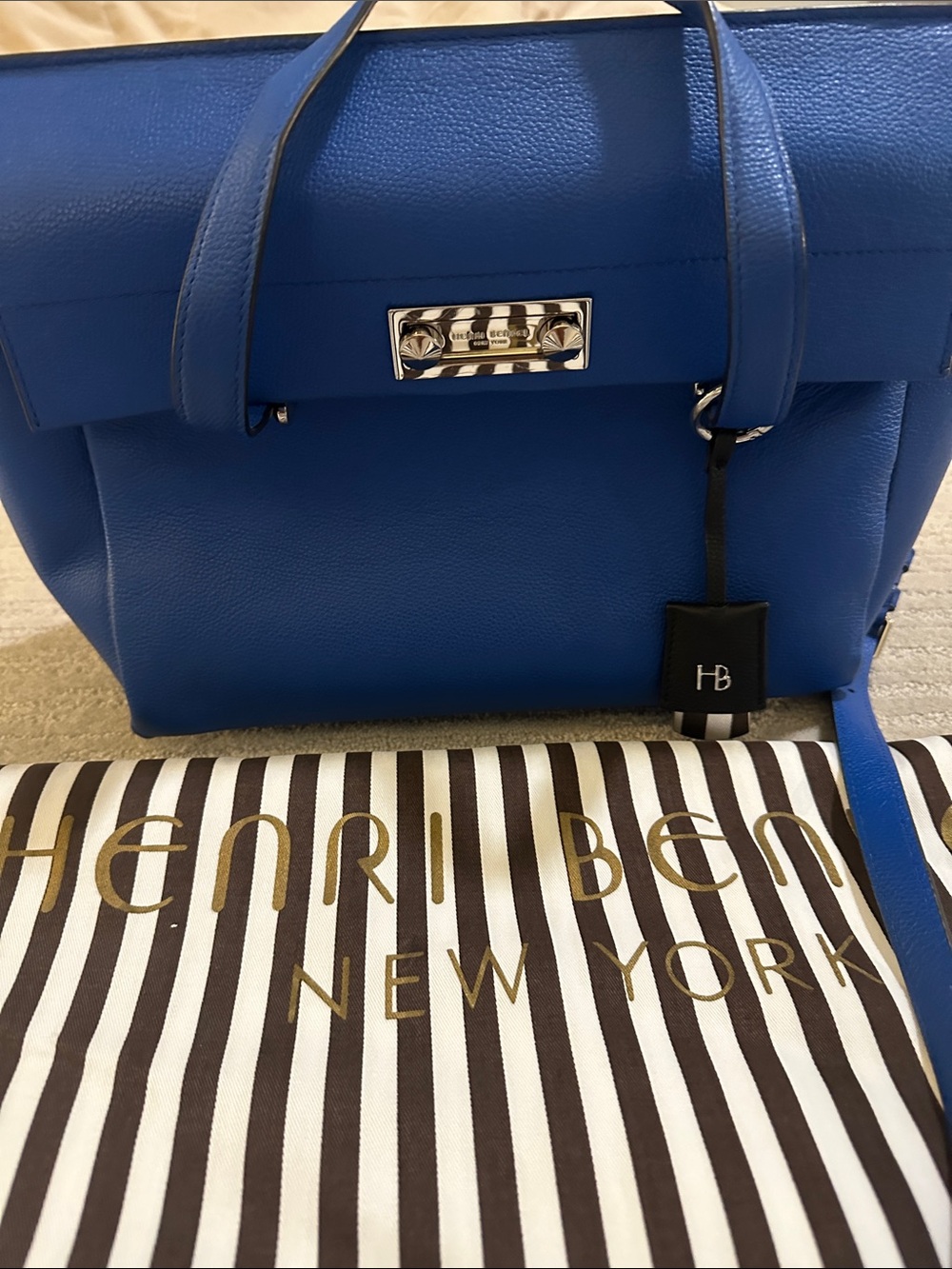 henri bendel cobalt blue leather satchel with HB charm
